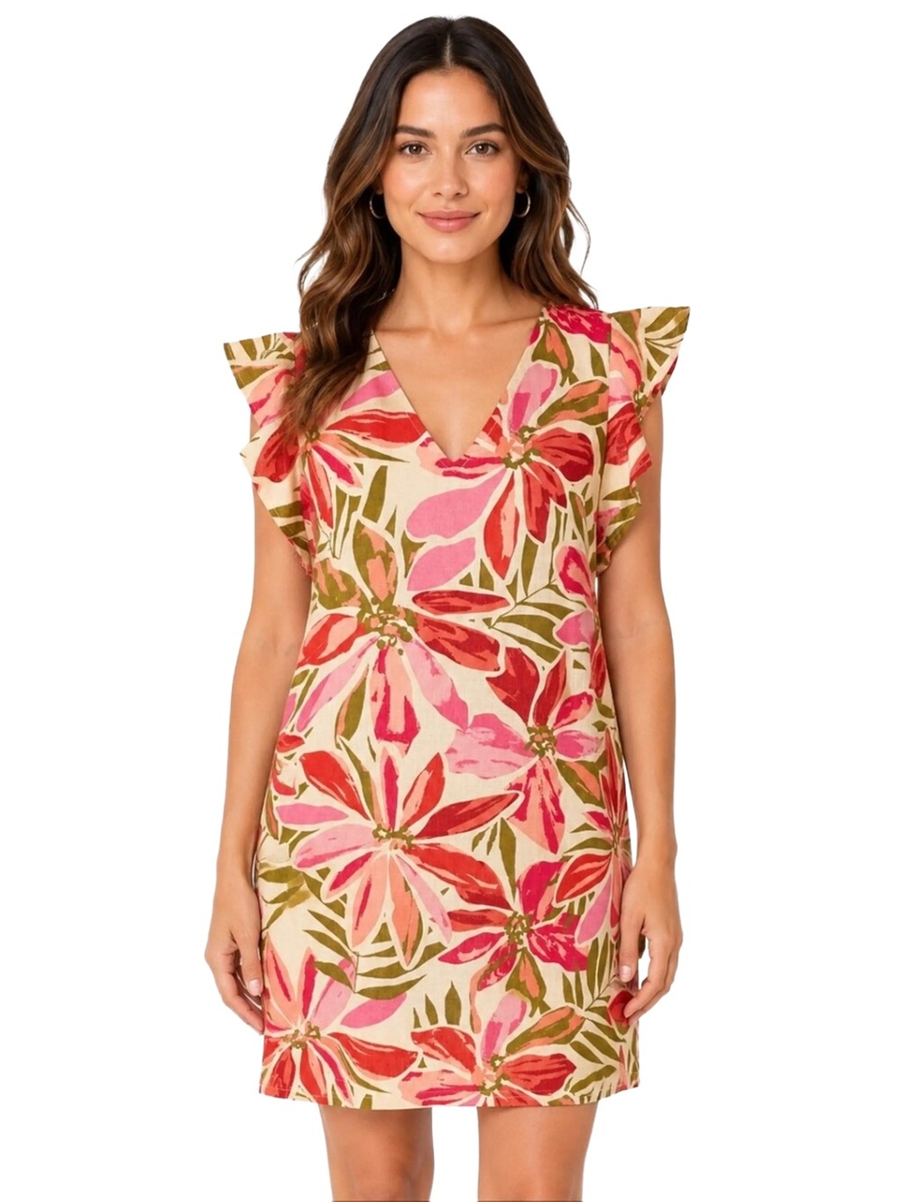 nicole miller Floral V-Neck linen mini dress